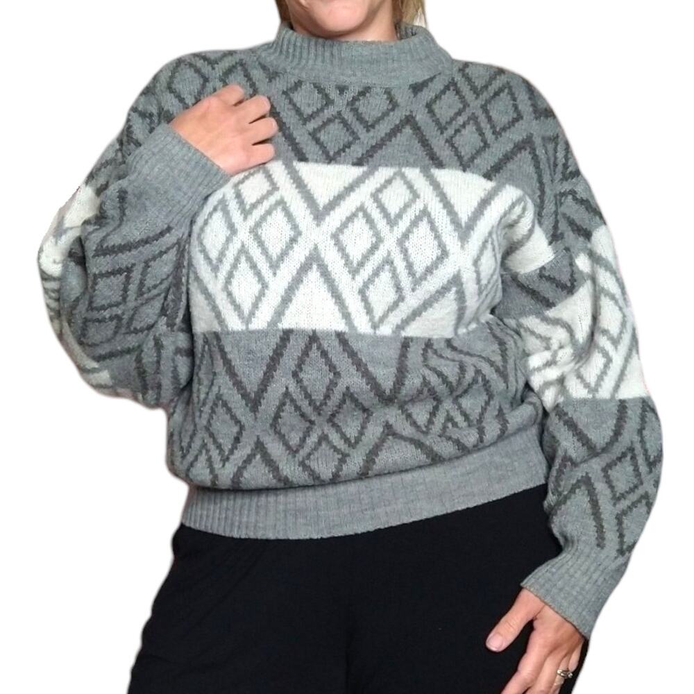 Vintage Grey Geometric Diamond Knit Sweater Oversized Whimsygoth Grandpa Size L